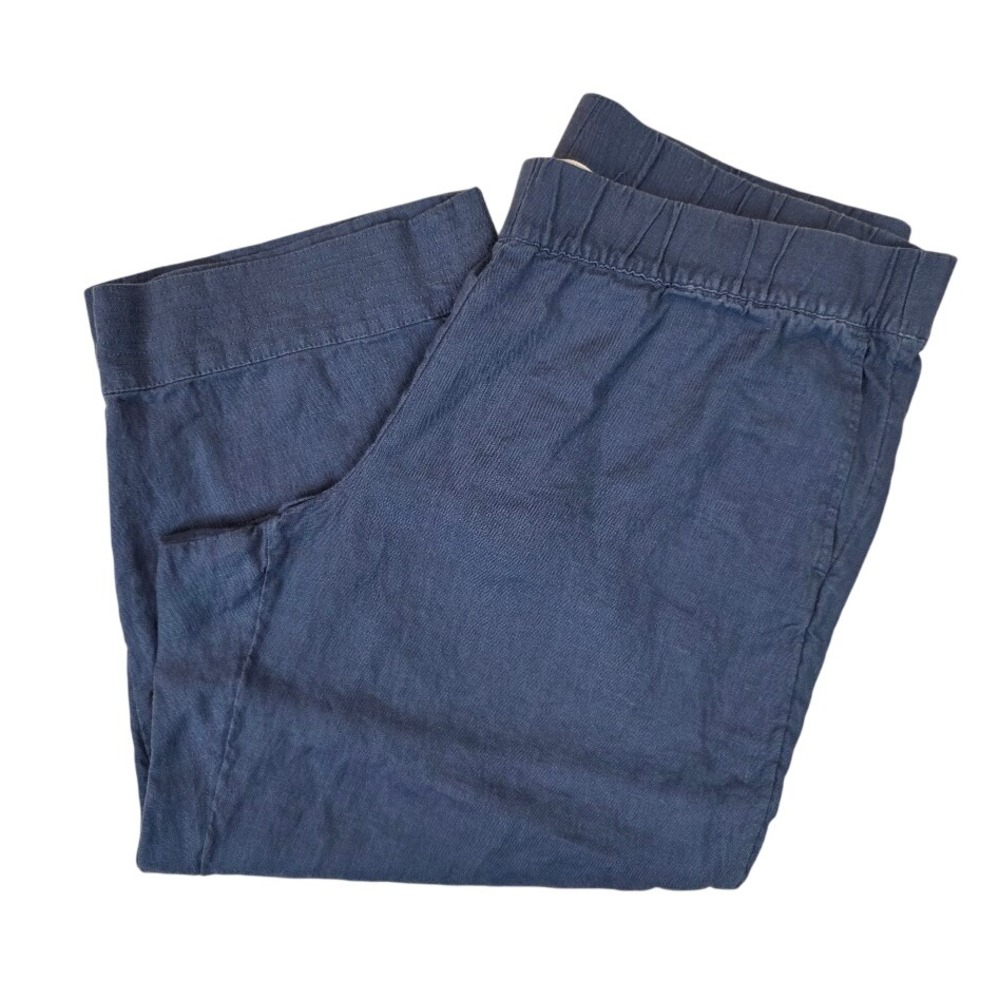 Pure Jill Womens Large Petite Linen Cropped Pants Blue Elastic Waist Relaxed